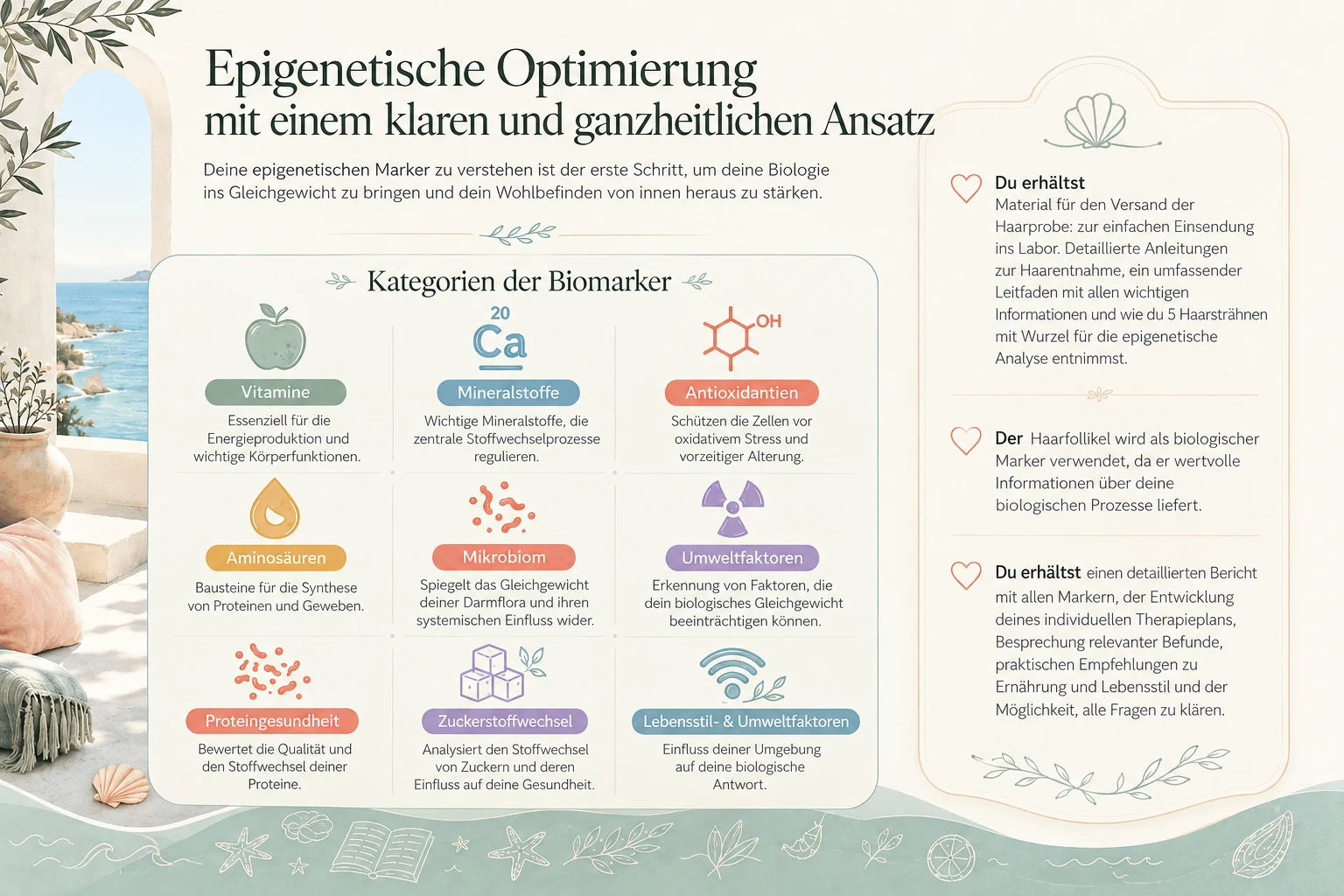 Epigenetisches Optimierungspanel mit Biomarker-Kategorien, Anleitung zur Haarprobe und Informationen zum personalisierten Bericht auf Deutsch